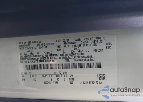 2024 Ford Transit-350 Passenger Van Xlt z USA, uszkodzony, nr VIN 1FBAX2Y88RKA83446